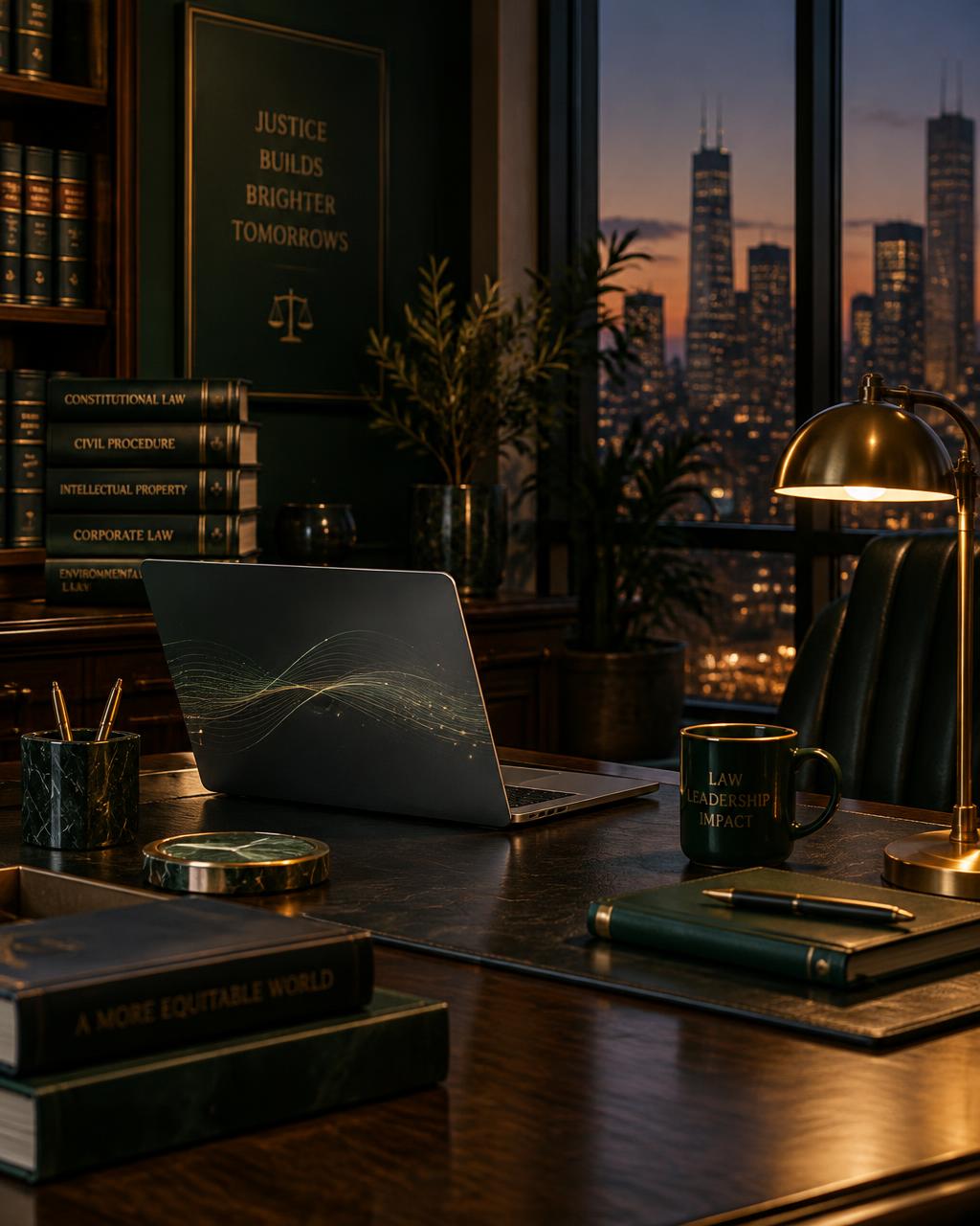 Law office desk with laptop at dusk
